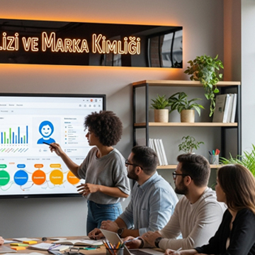 A presenter points to a large screen displaying colorful charts while three colleagues watch in a bright office meeting room.