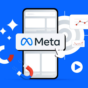 Smartphone screen with Meta logo overlay, surrounded by floating UI cards, charts, and a play button on a blue background.